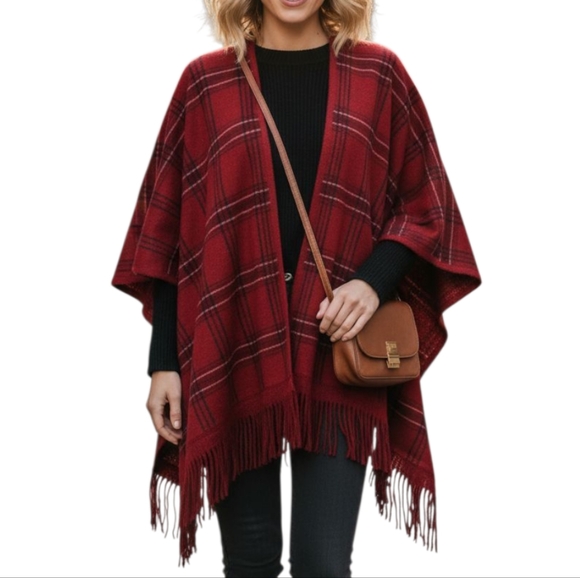 Red Plaid Fringe Shawl Cape - Picture 1 of 3